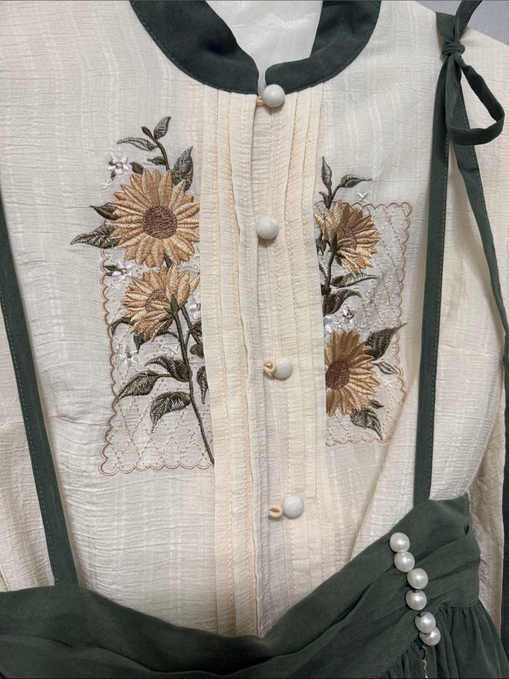 Cream & Olive Floral Embroidered Long Sleeve Dress with Suspender Skirt - Picture 2 of 16